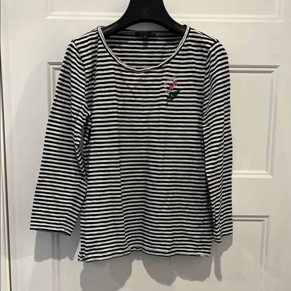 Black and White Striped Top with Floral Embroidery